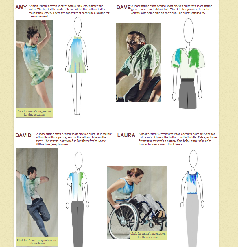 An image grid with four costume sketches for Artificial Things. In the upper left is a photo of Amy in costume, a thigh length sleeveless dress in blues and greens with a pale green Peter Pan collar, next to the costume sketch. In the upper right is a photo of Dave Toole in costume, a loose-fitting, open-neck, short-sleeved shirt in green and blue, with loose-fitting grey trousers and a black belt, next to the costume sketch. In the lower left is a photo of David in costume, a loose-fitting, open-neck, short-sleeved shirt in off white with greens and blues and loose-fitting blue/grey trousers, next to the costume sketch. In the lower right is a photo of Laura sitting in her wheelchair in costume, a boat necked sleeveless vest top in blues and off white, loose-fitting pale grey trousers with a narrow blue belt and black heels, next to the costume sketch.