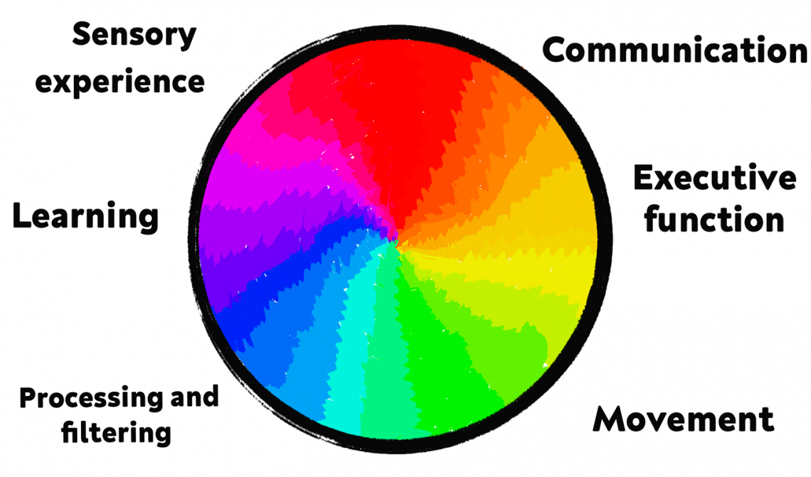 ID: A graphic of a rainbow spectrum within a circle, labelled around the edge in black text is: Communication, executive function, movement, processing and filtering, learning and sensory experience.