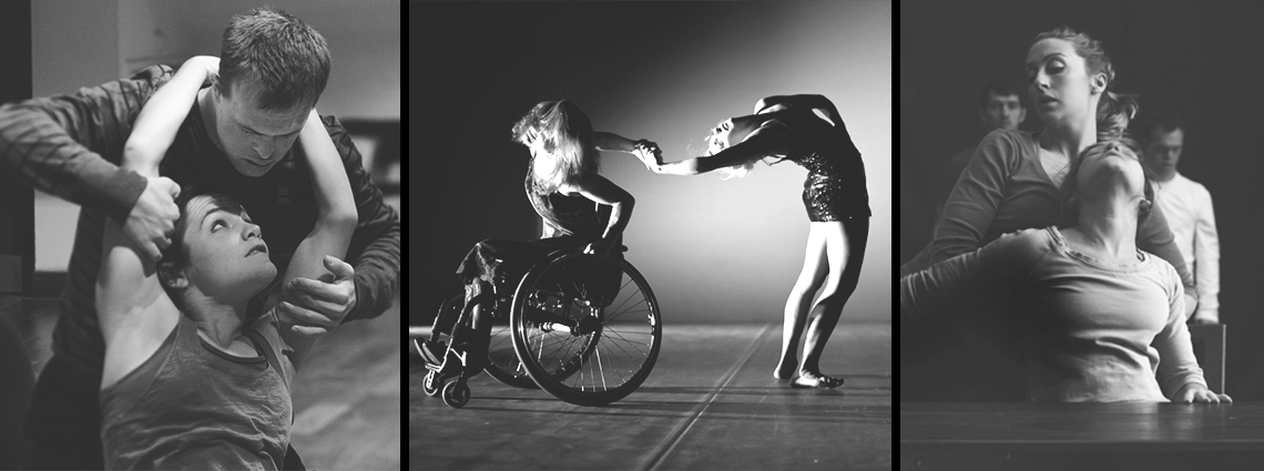 Three black and white images of Stopgap dancers. 