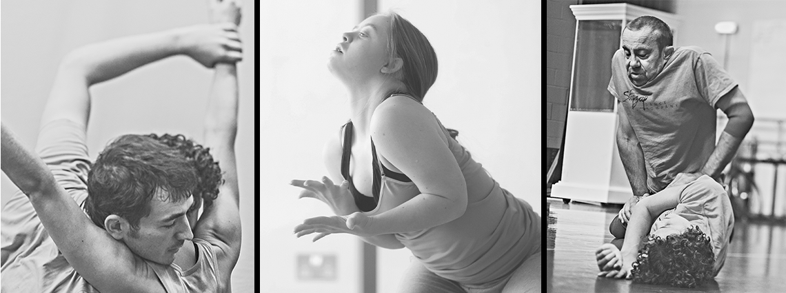 Three black and white images of dancers David Willdridge, Amy Butler, Hannah Sampson and Dave Toole. 