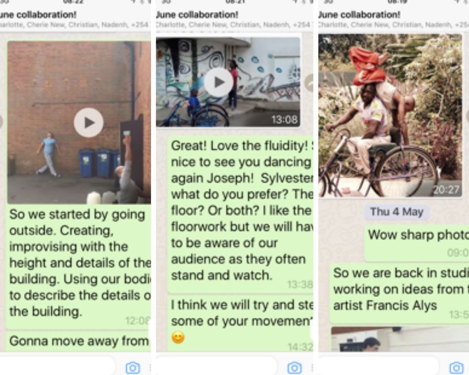 Photo grid showing three mobile phone screens with WhatsApp conversations during the creation process of the East Africa project.