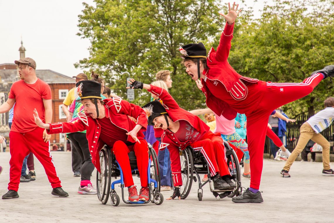 Sander, Kat and Fin in an outdoor performance of 'Frippery' early in their apprenticeship 