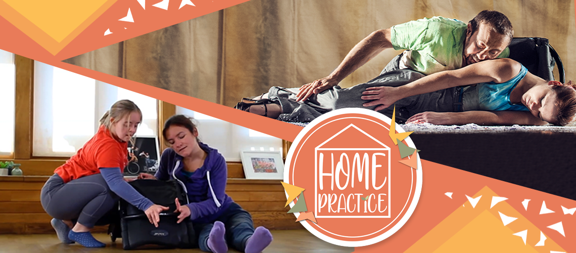 Images and colourful graphics - Two photos organised on diagonals show two duets, one with Laura Jones and Dave Toole OBE from the stage show of Artificial Things, the other shows a Home Practice episode where Laura Jones and Hannah Sampson explore a duet around Laura's collapsed wheelchair. The images sit on a peachy orange background alongside yellow triangles and smaller white triangles, the Home Practice logo sits bottom right. 