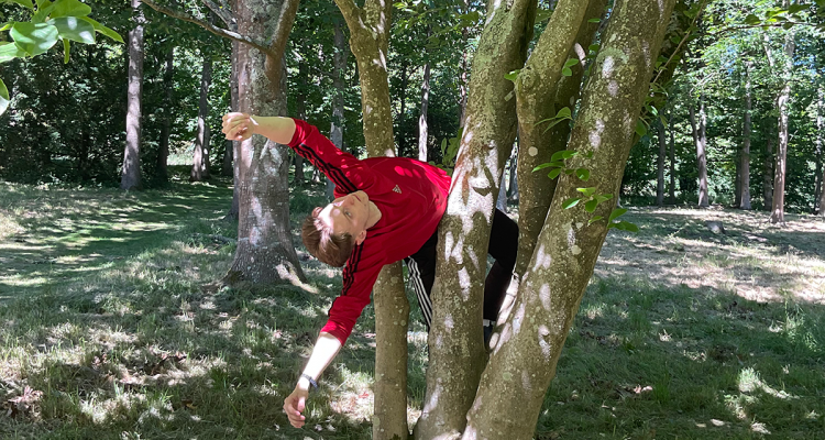 Jonathan twists backward through the branches of a tree