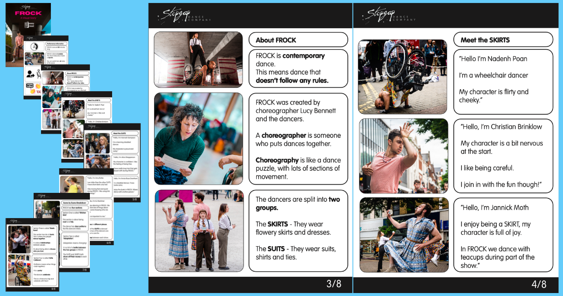 Screenshots of our easy-read visual guide for Frock - eight pages explaining the show and information about the dancers. Two pages from the guide give information about Frock, the choreographer, the two groups in the piece, and then starts to share introductions from the dancers. 