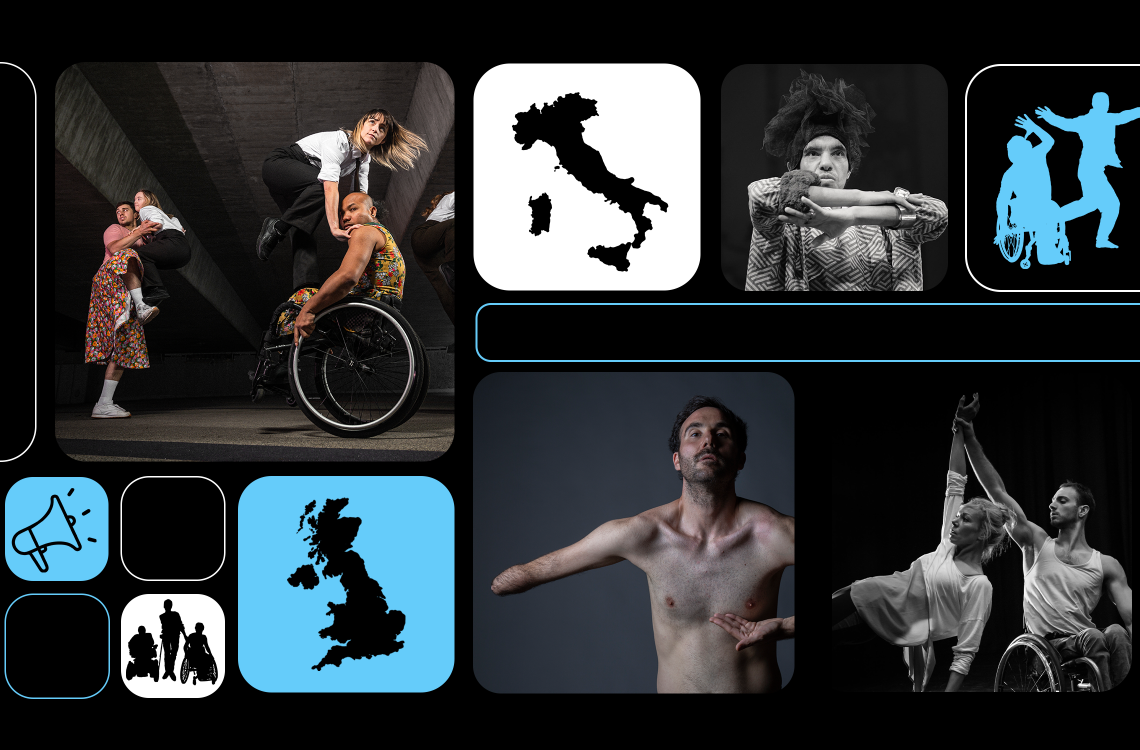 On a black background, round-edged squares in varying sizes display icons and images in a collage. Arranged around the image in a neat grid, there are four photos of dance artists from the UK and from Italy. The photos sit alongside smaller graphic icons showing the maps of Italy and the UK, outlines of Disabled people and dancers, and a megaphone, these graphics are coloured white, bright blue or black.
