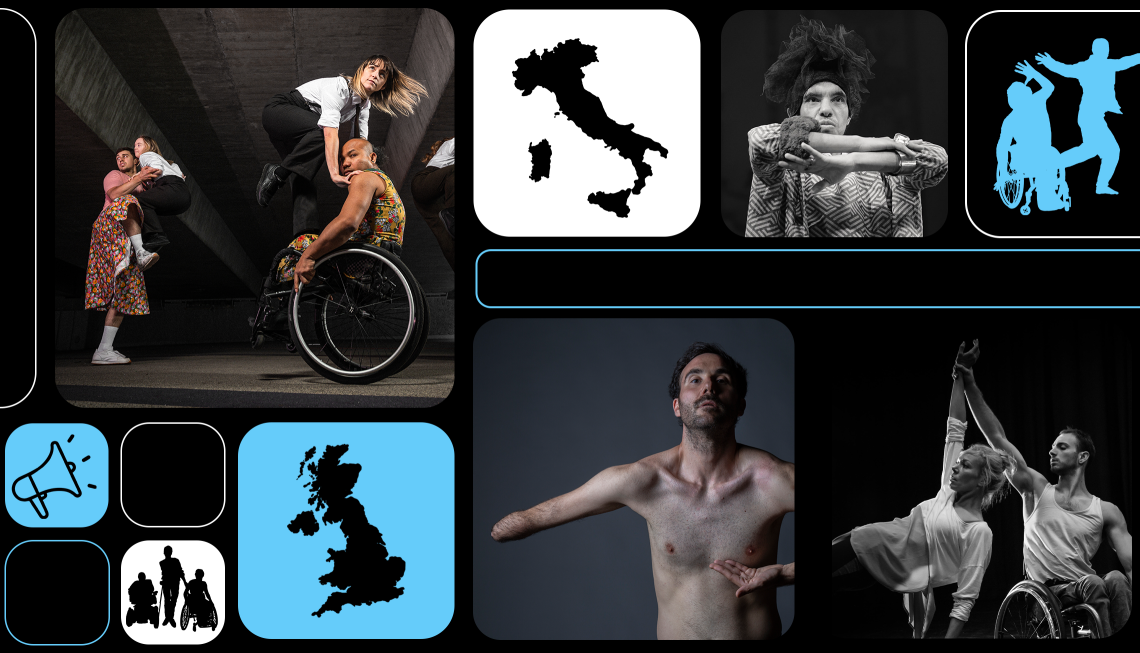 On a black background, round-edged squares in varying sizes display icons and images in a collage. Arranged around the image in a neat grid, there are four photos of dance artists from the UK and from Italy. The photos sit alongside smaller graphic icons showing the maps of Italy and the UK, outlines of disabled people and dancers, and a megaphone, these graphics are coloured white, bright blue or black