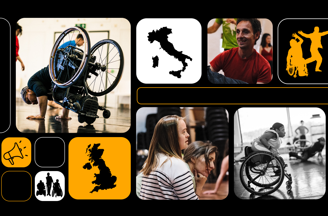 On a black background, round-edged squares in varying sizes display icons and images in a collage. Arranged around the image in a neat grid, there are four photos of dance artists from the UK and from Italy. The photos sit alongside smaller graphic icons showing the maps of Italy and the UK, outlines of disabled people and dancers, and a megaphone, these graphics are coloured white, orange and black.