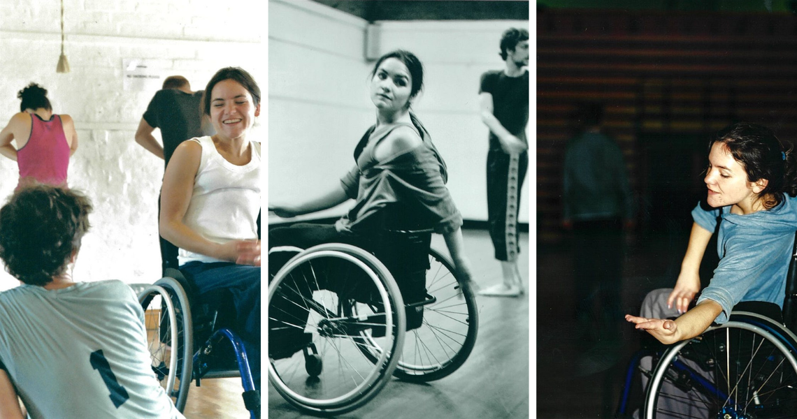 A trio of archive images of Laura, in the first photo Laura smiles brightly at a dancer who sits in the foreground on the floor. In the second photo, a black and white image, Laura faces away from the camera and twists in her wheelchair to look back over her shoulder, with a wistful gaze. In the third and final photo, Laura leans over the side of her wheelchair, her arm reaches towards the camera with an open palm, her fingers splayed. 