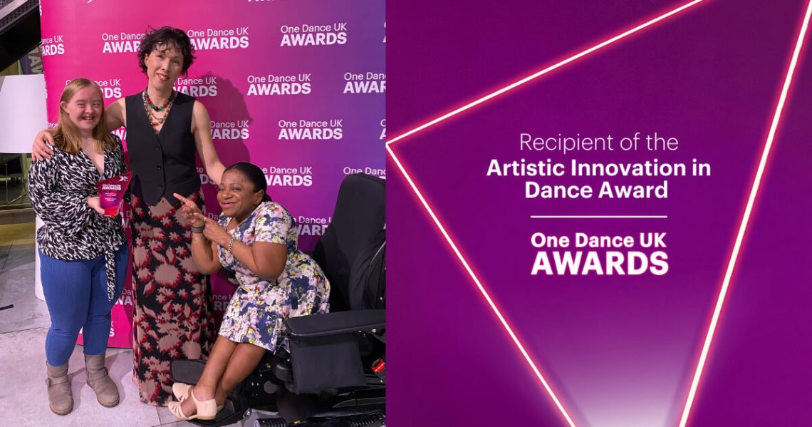 Left: Three Stopgap team members posing with the award trophy. Right: text "Recipient of the Artistic Innovation in Dance Award. One Dance UK Awards".