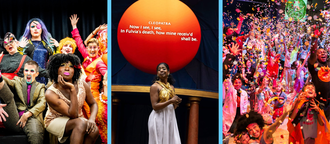 Three photographs from our Guest Artists. Image 1: Quiplash and their performance project Unsightly Drag. Image 2: Ben Glover's captioning on Antony & Cleopatra at Shakespeares Globe. Image 3: A joyful celebratory party with Touretteshero.